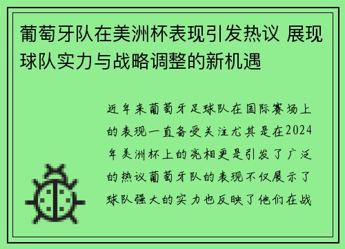 葡萄牙队在美洲杯表现引发热议 展现球队实力与战略调整的新机遇