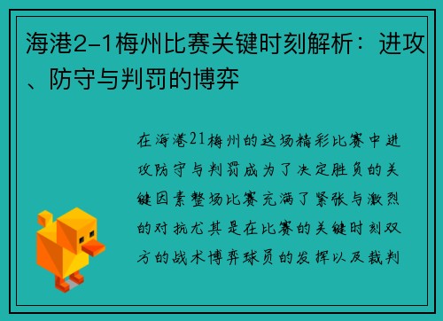 海港2-1梅州比赛关键时刻解析：进攻、防守与判罚的博弈